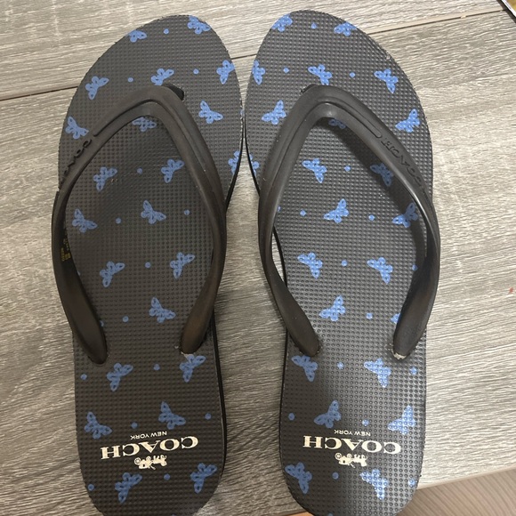Coach Black Blue Butterfly Print Flip Flops Sandals Women’s Size 7/8 - Picture 1 of 2